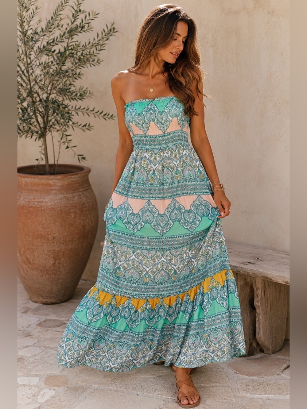 Euro Summer Resortcore Strapless Maxi Dress O’Neill Boho Beach Vacation Small